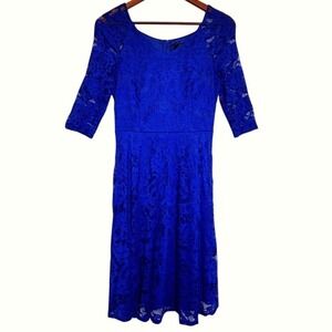 Dressystar Royal Blue Floral Lace A-Line Midi Dress L Elegant Feminine‎ Cocktail